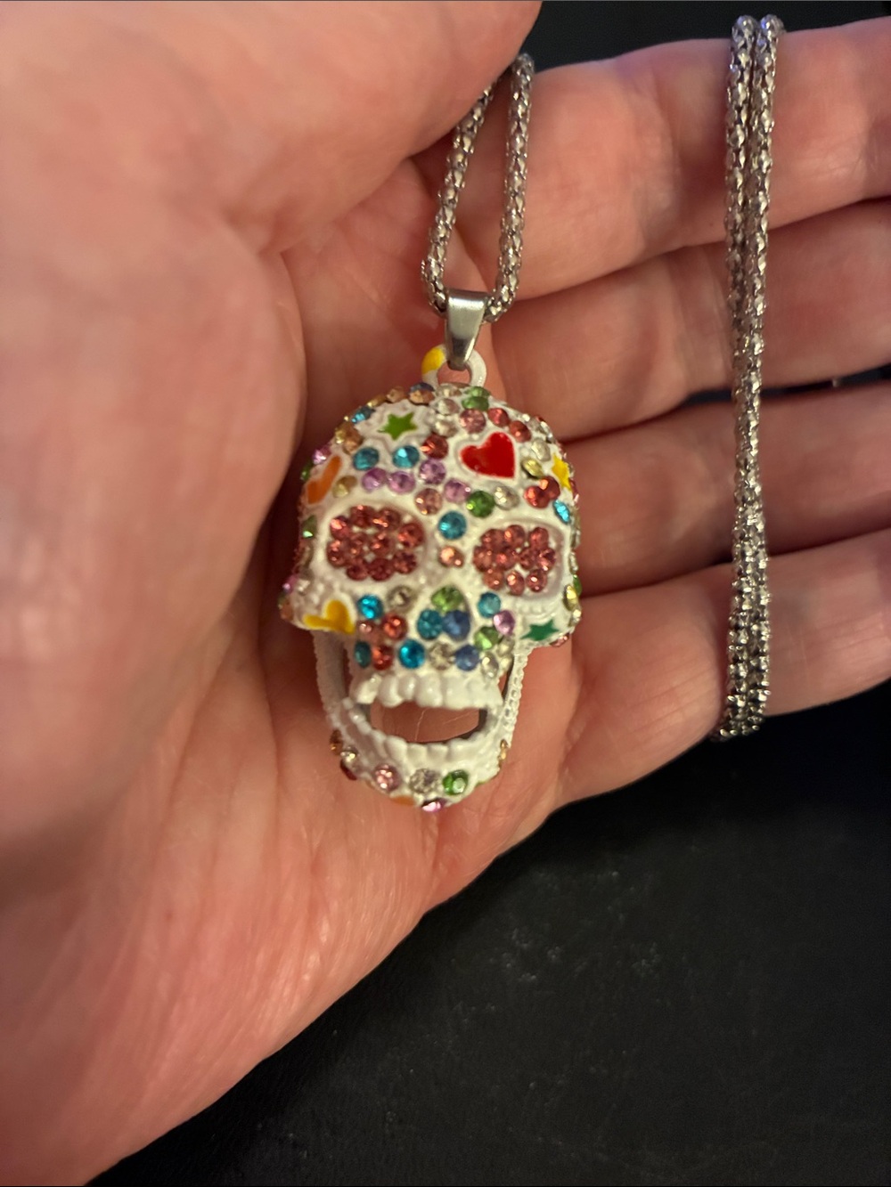 Multicolor Crystal Sugar Skull Pendant Necklace